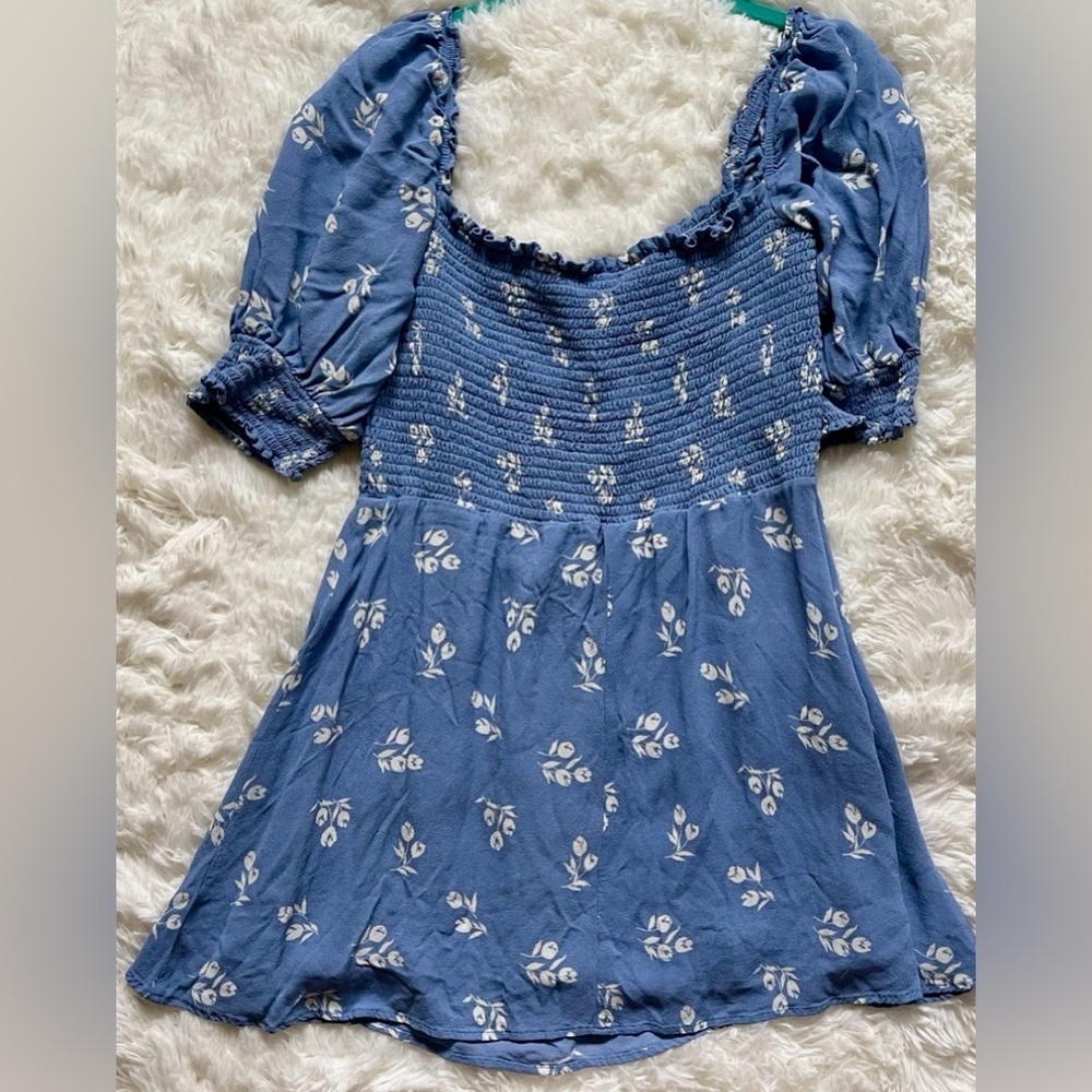 Reformation Blue Floral Smocked Top Puff Sleeve Cottagecore Fairy Prairie Sz 12 - Picture 5 of 9